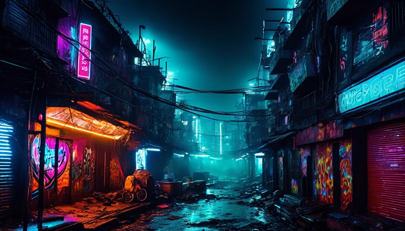 (best qualityer,4K,8k,high resolution,work of art:1.2),ultra detali,realisitic:1.37,cyber punk,densely packed,shanty town,skyscrapers crowded with neon signs,stacked buildings,dark alleyways,Hovering vehicles,flickering lights,high-tech devices,hovering drones,dirty streets,air filled with smoke,InFraestrutura in ruins,walls covered in graffiti,brilliant cybernetic implants,masked individuals,hard rain falling,smoking manholes,Abandoned factories,street markets,Holographic billboards,electronic screens displaying advertisements,mysterious figures in trench coats,Shadowy figures lurking in the shadows,Dystopian atmosphere,intense pollution,artificial intelligence surveillance systems,electric arcs,streets full of cables and wires,cyber enhancements,technology-centric society,damp and dirty tunnels,imponentes arranha-céus elevando-se sobre shanty towns,metal structures,juxtaposition of luxury and poverty,Retrofuturistic aesthetics,nightmare environment, but captivating,Colorful glow of neon lights.