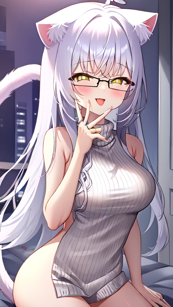 A 20-year-old female angel with long hair, white hair, yellow eyes, cat ears, cat tail, breasts, and white angel wings. A glowing yellow halo ring overhead. Wear round glasses (White halter turtleneck sweater, white purekiller sweater, sleeveless, sexy backless sweater, white dress) white arm warmers Open mouth, stick out tongue, bedroom
