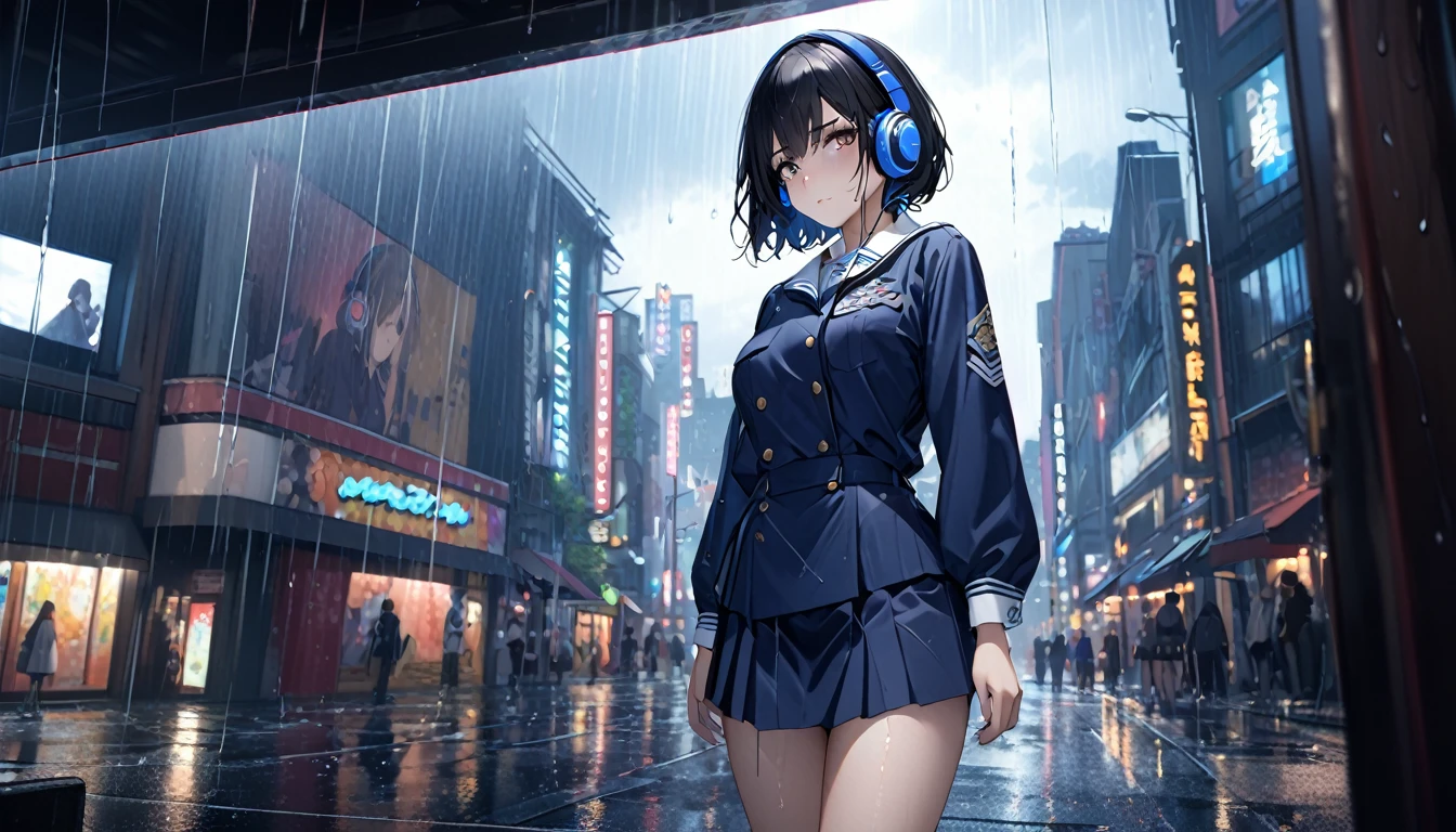 (8k,masterpiece,Highest quality),Hyper Detail,Realistically,Highly detailed face、pupil,City lights,Ray Tracing, heavy rain,Short black hair、A girl with a fleeting expression、Navy blue uniform、White blouse,Black lim and beautiful thighs、Rain-soaked clothes,Written boundary depth ,cinema lens lighting、Night view((Headphones))