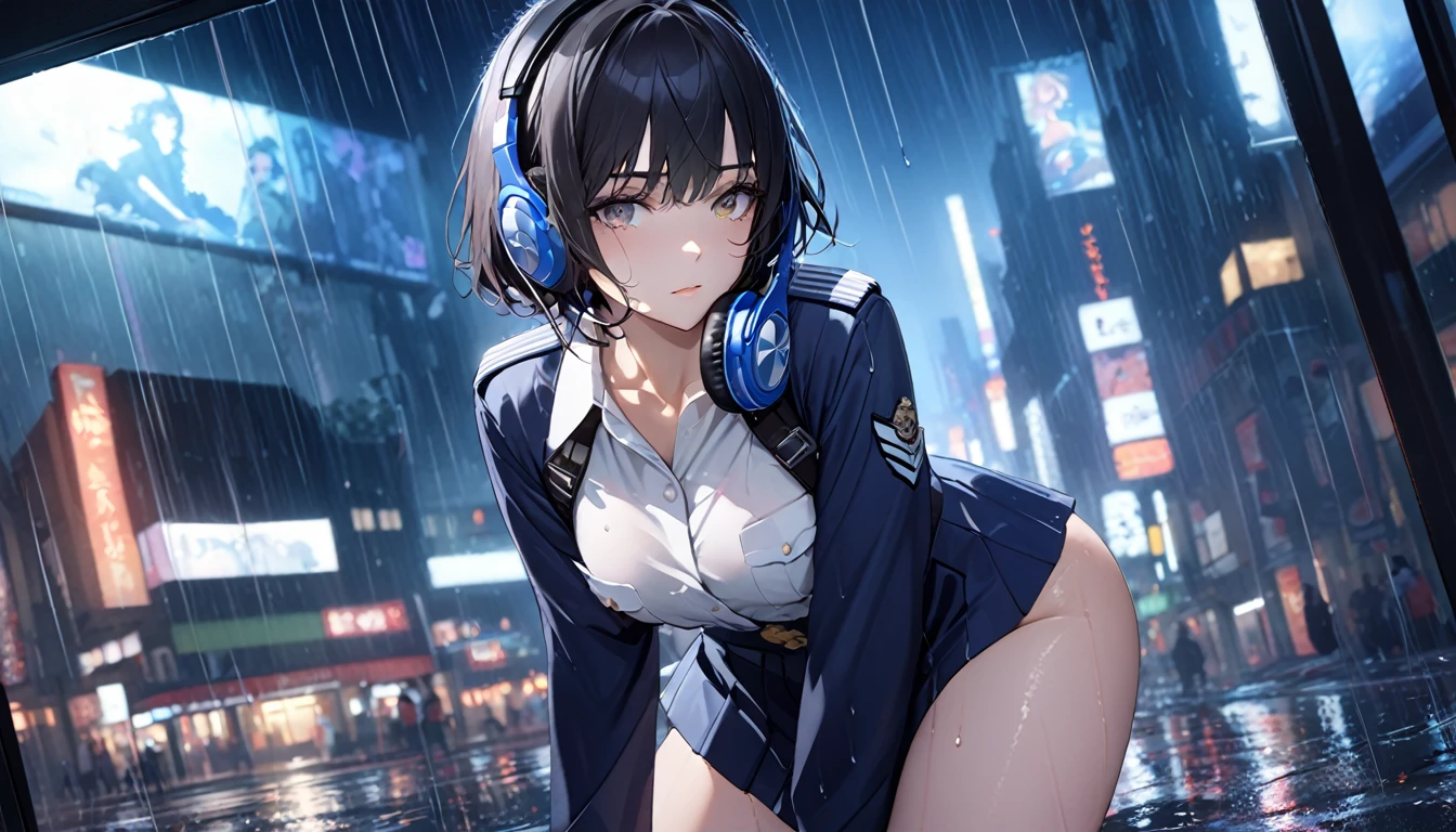 (8k,masterpiece,Highest quality),Hyper Detail,Realistically,Highly detailed face、pupil,City lights,Ray Tracing, heavy rain,Short black hair、A girl with a fleeting expression、Navy blue uniform、White blouse,Black lim and beautiful thighs、Rain-soaked clothes,Written boundary depth ,cinema lens lighting、Night view((Headphones))