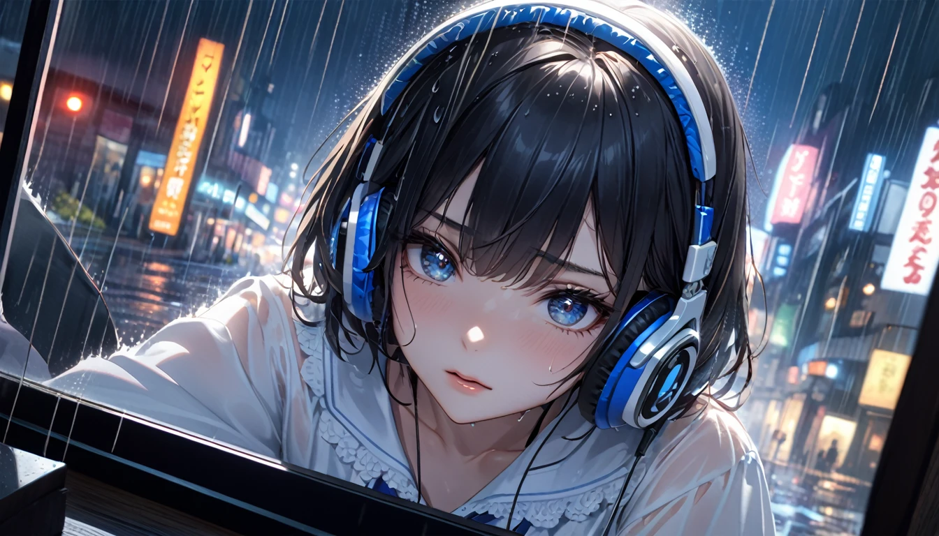 （8k，masterpiece，Highest quality），Hyper Detail，Realistically，Highly detailed face、pupil，City lights，Ray Tracing， heavy rain，Short black hair、A girl with a fleeting expression、Navy blue uniform、White blouse，Black lim and beautiful thighs、Rain-soaked clothes，Written boundary depth ，cinema lens lighting、Night view((Headphones))