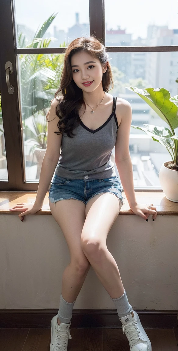 ((Top quality、8K、Master School:1.3、In the company、OL、Office casual setting、 (1 cute korean stars,Large breast bulge) ,Long hair,, 32 inches chest size, Grey Camisole Vest, shorts,White shoes , Nikon, Ultra HD 1 Girl、slender beauty:1.3、Super detail face、Exquisite eyes、Double eyelids、smiling facial expression、(sexy pose),whole body、brown hair、necklace,Tanned skin、20 years old、beaver、shortcut、piece、 look、stare、Houseplant、verdant、look到whole body、window