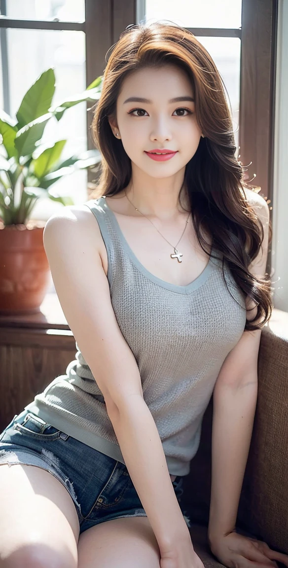 ((Top quality、8K、Master School:1.3、In the company、OL、Office casual setting、 Long hair,, 32 inches chest size, Grey Camisole Vest, shorts,White shoes , Nikon, Ultra HD 1 Girl、slender beauty:1.3、Oval face,Phoenix Eyes,Eyebrow, Double eyelids, Long eyelashes, A faint smile, ,Super detail face、Exquisite eyes、Double eyelids、smiling facial expression、(sexy pose),whole body、brown hair、necklace,Tanned skin、20 years old、beaver、shortcut、piece、 look、stare、Houseplant、verdant、look到whole body、window,RHA30