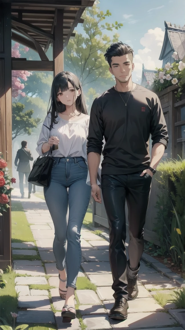 (Highest quality, 8k, masterpiece:1.3)), Attention to detail, High resolution, masterpiece, Great quality, 2 people, men and women standing, Full Height, girl and man walking in a Beautiful garden, Attention to detail of faces, Drawing eyes, Drawing Shadows, Draw lips,men and women , Romantic atmosphere, Mysterious garden with blooming flowers, beautiful flower, Beautiful garden , Casual Style, Girl in casual clothes, Man in casual clothes