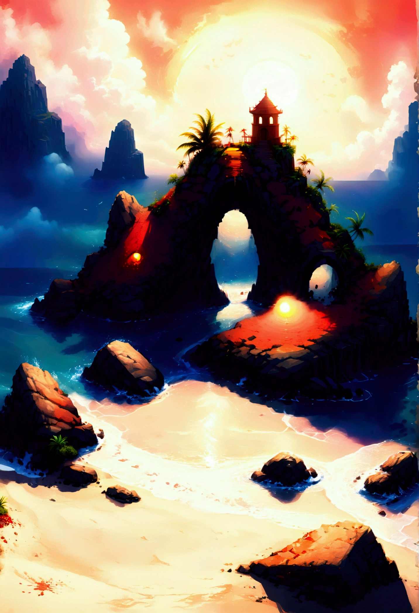 arafed, an oil painting of an island of mystery, an island of enigma, an island of secrecy, there some palm trees, white and red sand, some mist surrounds the island, it is the time between the night an day, the sun is in the horizon and some stars are still in the sky, the ruins of ancient tower are visible, veins crawling on it, dynamic angle, Ultra-high resolution, High Contrast, (masterpiece:1.5), highest quality, Best aesthetics), 16K fantasy art, best details, best quality, highres, ultra wide angle, 16k, [ultra detailed], masterpiece, best quality, (extremely detailed), fantasy, digital painting
