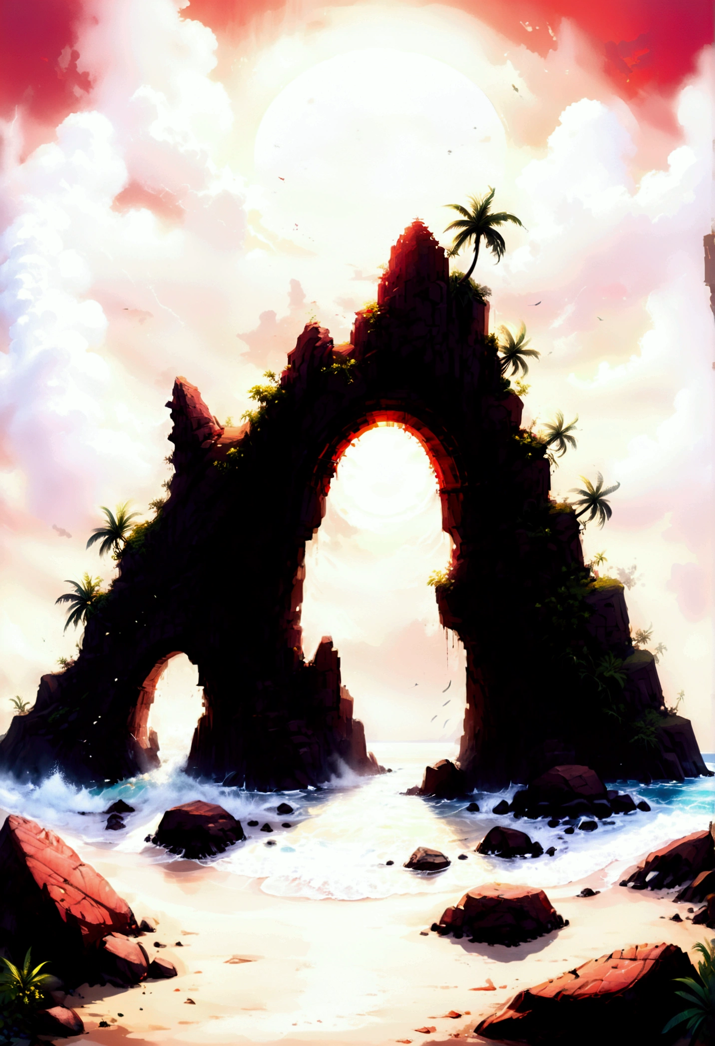 arafed, an oil painting of an island of mystery, an island of enigma, an island of secrecy, there some palm trees, white and red sand, some mist surrounds the island, it is the time between the night an day, the sun is in the horizon and some stars are still in the sky, the ruins of ancient tower are visible, veins crawling on it, dynamic angle, Ultra-high resolution, High Contrast, (masterpiece:1.5), highest quality, Best aesthetics), 16K fantasy art, best details, best quality, highres, ultra wide angle, 16k, [ultra detailed], masterpiece, best quality, (extremely detailed), fantasy, digital painting