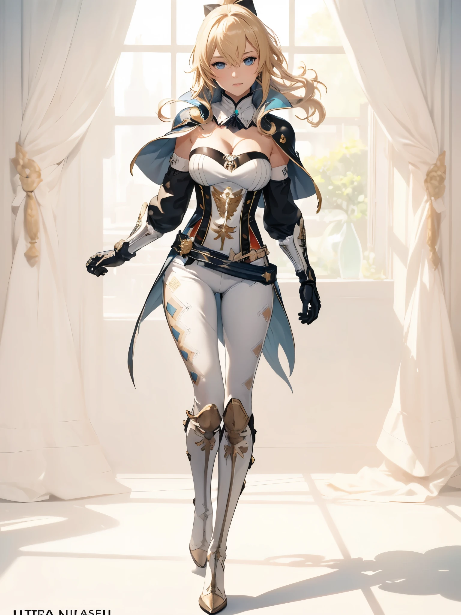 ((1girl, solo)), jean (genshin impact), full body, standing, beautiful body, (perfect anatomy, perfect body, perfect hands, perfect legs), nice hands, natural proportions, sexy body, (large breasts:1.3) BREAK
((extremely detailed face)), blue eyes, (beautiful detailed eyes:1.6), (realistic pupils, realistic iris:1), expressive eyes, ((looking at viewer)), (clear eyes:1.3), (hyperrealistic:1.2), (detailed skin texture:1.2), smooth skin, (blonde hair:1.5), long hair, ponytail, (detailed lips:1.2), (attractive lips:1.1), (glossy lips:1.1), (smile), perfect face, perfect eyes BREAK
jeanfavonian, ((strapless shirt)), (((white shirt))), ((cleavage)), ((blue capelet)), (elbow gloves), (((white pants))), (skin tight:1.5), belt, ((blue tailcoat)), knee-high boots, high heels, thigh gap BREAK
(masterpiece:1.5), anime-style, top quality, best quality, (beautiful and aesthetic:1.2), (ultra detail:1.5), Ultra-detailed depiction, Ultra-precise depiction, extremely detailed 8k illustration, high resolution, (highly detailed shading:1.2), (realistic lighting:1.4), perfect lighting, vibrant colors, dynamic tones, striking hues, 8k, absurd resolution, perfect shadows, hdr, UHD, ambient lighting, realistic, ultra-realistic, photo realistic, highly detailed, rich detail, luminous colors, fine texture, intricate design, professional illustration, (soft light:1.2), (illustration:0.7)