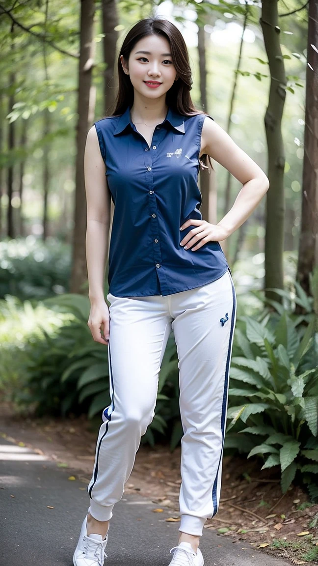 masterpiece, best quality, Surreal, Ultra Detailed, 8k resolution, RAW photos, Clear focus, (A girl in the forest), ((navy blue shirt:1.1)), sleeveless, Long sweatpants,Full body posture, Solitary, Perfect body, Become a, 36 inches in the chest,(a charming smile:1), (sexy pose),26 years old, light,White shoes,