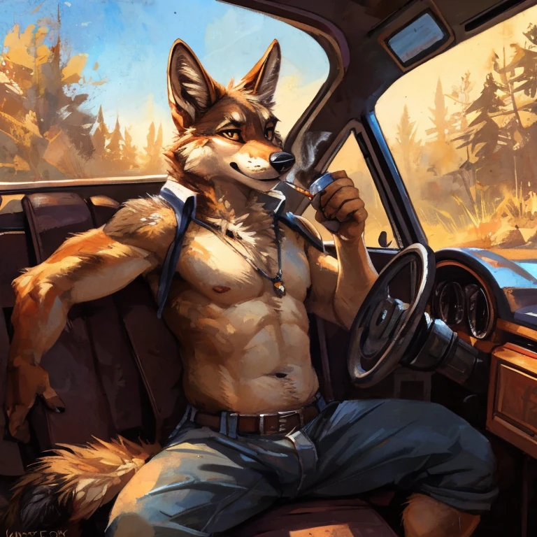 Solo, Coyote, driving a classic car, On Route 66, smoking, drinking beer, Shirtless,By mystikfox61 By kenket