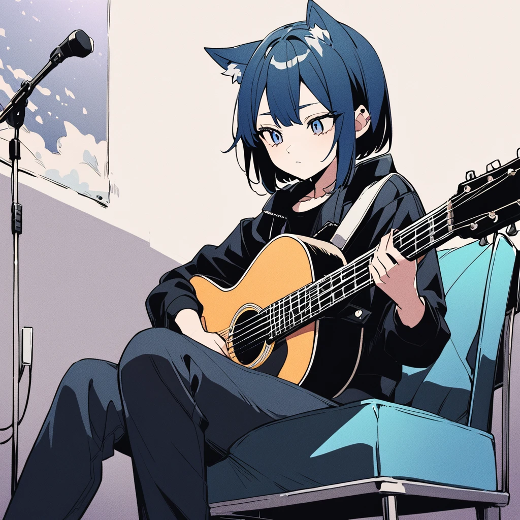 There is a picture of a man sitting on a chair with a guitar., Lo-fi Girl, Conrad Rothe and Makoto Shinkai, Anime atmosphere, Sad and calm atmosphere, Anime Aesthetics, Girl playing guitar, lo-fi, Lo-Fi, Lo-Fi illustration style, Anime-style illustrations, Lo-Fi, Lo-Fiアートスタイル, Lo-Fiな感じ, Wolf Cut