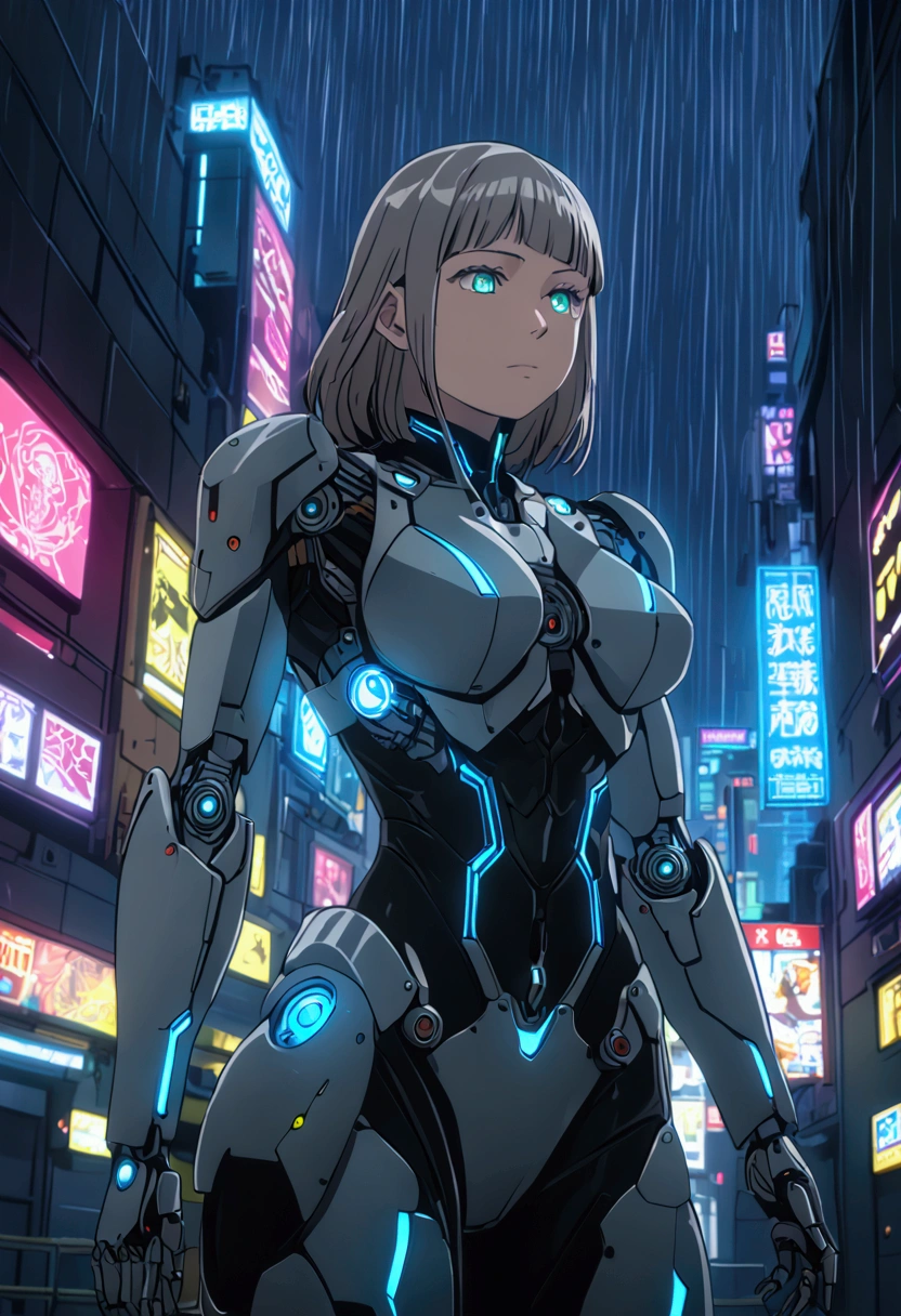 Anna Nishikinomiya, identical face and hair, with the same body as a woman but only with armor that covers her entire body, has a (black robotic armor) turned into a Cyborg, of the shoulders and torso, and robotic legs without garments or clothing only Cyborg armor, in a raining alley of a cyberpunk city (Very detailed: 1.2), (canon EOS R6 best quality: 1.2), (8k: 1.0), (emb-rrf-low: 1.0), (detailed face, ojos Very detailed 1.2), sharp focus (award-winning photo: 1.2), (subsoil dispersal: 1.2), (subsoil dispersal: 1.2). 1.1) (A beautiful ultra detailed cyborg: 1.2), ( Hyper-detailed hair: 1.2), (wonderful body: 1.2), (whole body: 1.2), (dynamic posture :1.2), neon glow, (Detailed cyber eyes:1.1), close up (Hyper realistic:1.2), role playing game, cyberpunk 2077 style, dramatic lighting, (Very detailed futuristic cityscape:1.2), (Science fiction: 1.2). 1.2), professional portrait photography, by Wlop Greg Rutkowski Jeffrey Simpson Alphonse Mucha