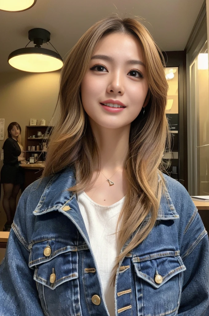 (masterpiece:1.2), Super detailed, Ultra-high resolution, (Realistic, photo Realistic:1.37), High-definition RAW color photos, Professional photos, Very delicate and beautiful, Very detailed, In detail, Large file size, Very detailed beautiful girl, Very detailed face, Very detailed eyes, Very detailed skin, Very detailed nose, Very detailed mouth, Perfect Anatomy, Very detailed背景, Glowing Skin, (Famous Japanese actresses:1.5), (Improve), Flat Chest, View your viewers, whole body, (Dynamic pose:1.4), Dynamic Lighting, Denim jacket, (Brown people, Dark Skin, Blonde:1.3), (whole body), (coffee shop;1.2), (Sit at the table:1.1), smile,