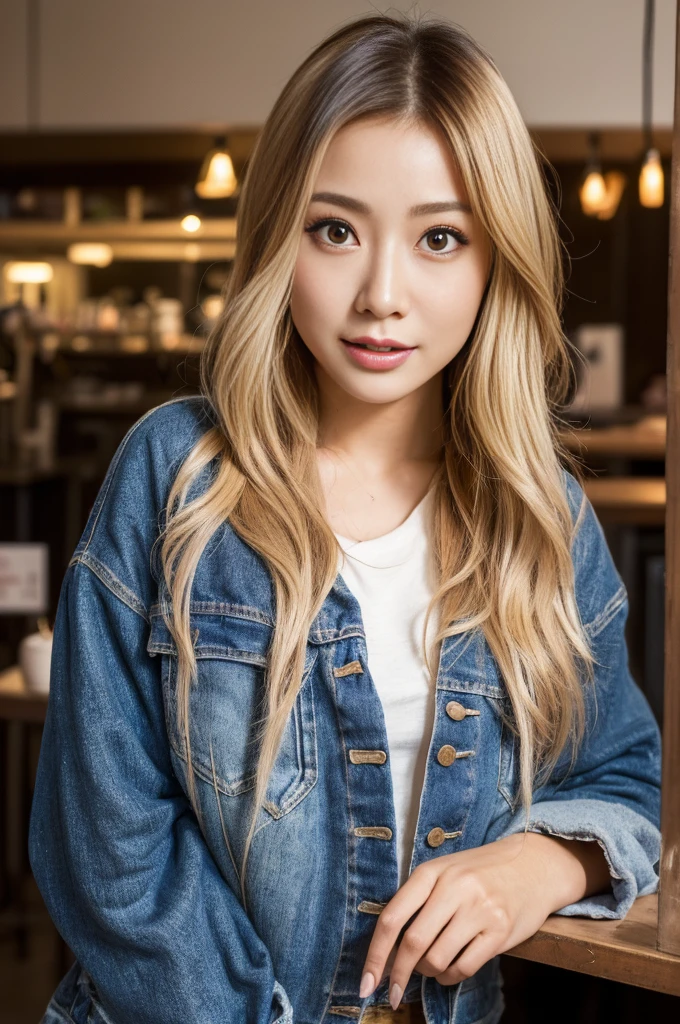 (masterpiece:1.2), Super detailed, Ultra-high resolution, (Realistic, photo Realistic:1.37), High-definition RAW color photos, Professional photos, Very delicate and beautiful, Very detailed, In detail, Large file size, Very detailed beautiful girl, Very detailed face, Very detailed eyes, Very detailed skin, Very detailed nose, Very detailed mouth, Perfect Anatomy, Very detailed背景, Glowing Skin, (Famous Japanese actresses:1.5), (Improve), Flat Chest, View your viewers, whole body, (Dynamic pose:1.4), Dynamic Lighting, Denim jacket, (Brown people, Dark Skin, Blonde:1.3), (whole body), (coffee shop;1.2), (Sit at the table:1.1), smile,