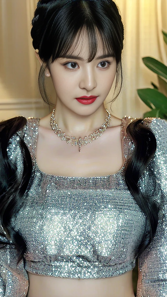 1 Woman，Perfect face，Low-cut sequined crop top，necklace. (best quality, Super Detail : 1.2), (masterpiece, Reality : 1.3), Thin waist