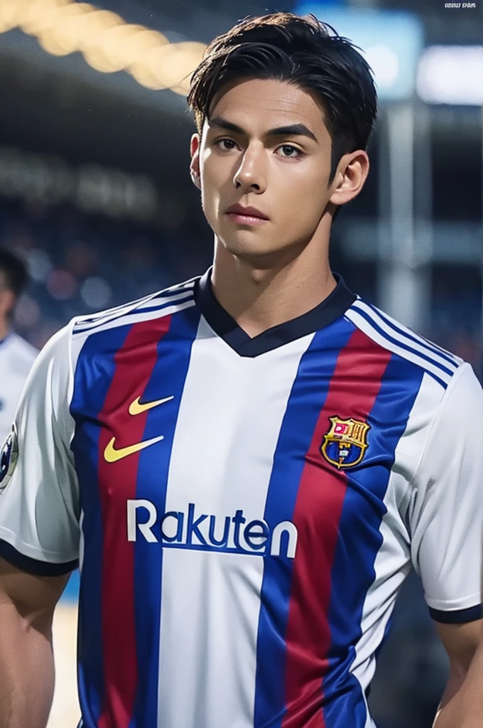 {{{FC Barcelona}}}, light, {{nike soccer jerseys}}, {{{best quality}}}, {{{realistic}}}, Detailed facial description, realistic 눈동자, {{2 handsome men}}, realistic 유니폼 주름, well proportioned, {{{Real Madrid}}}, {{{adidas soccer jersey}}}, {{{glaring at each other}}}, {{{soccer stadium}}}, football