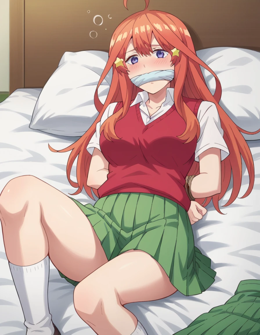 score_9, score_8_superior, score_7_superior, sauce_anime,
itsukinakano, Itsuki Nakano, bangs, blue eyes, Hair between the eyes, Ahoge, Redhead, star \(symbol\), hair ornaments, star hair ornaments, Mature Woman,
skirt, shirt, , clavicle, white shirt, Short sleeve, pleated skirt, socks, collared shirt, miniskirt, Knee-high, white socks, green skirt, Sweater vest, red Sweater vest,
indoor, bed, bed room, ~ side, blush, Drunk,
View your viewers,Tied up with rope,Lying gagged,