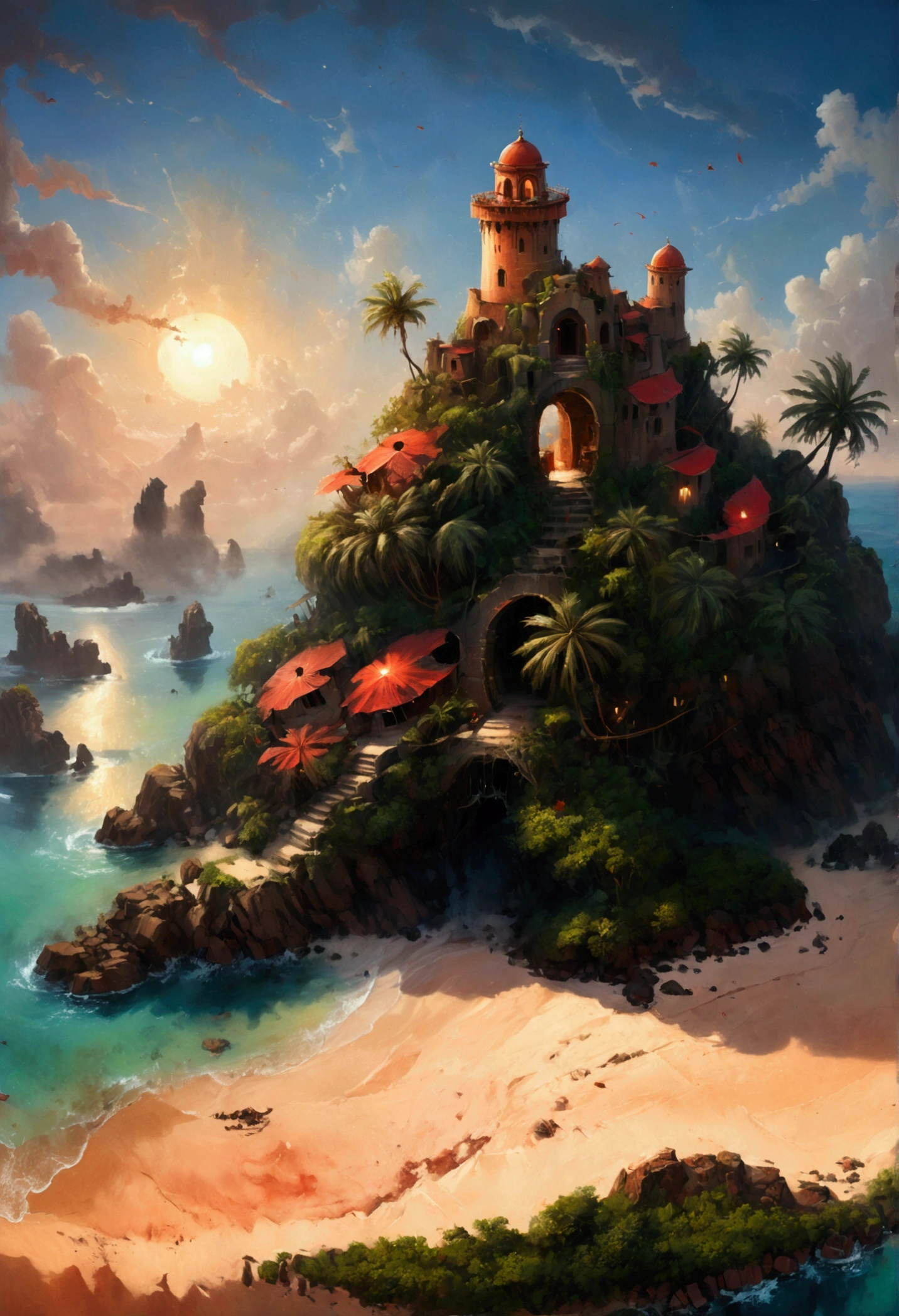 arafed, an oil painting of an island of mystery, an island of enigma, an island of secrecy, there some palm trees, white and red sand, some mist surrounds the island, it is the time between the night an day, the sun is in the horizon and some stars are still in the sky, the ruins of ancient tower are visible, veins crawling on it, dynamic angle, Ultra-high resolution, High Contrast, (masterpiece:1.5), highest quality, Best aesthetics), 16K fantasy art, best details, best quality, highres, ultra wide angle, 16k, [ultra detailed], masterpiece, best quality, (extremely detailed), fantasy, digital painting
