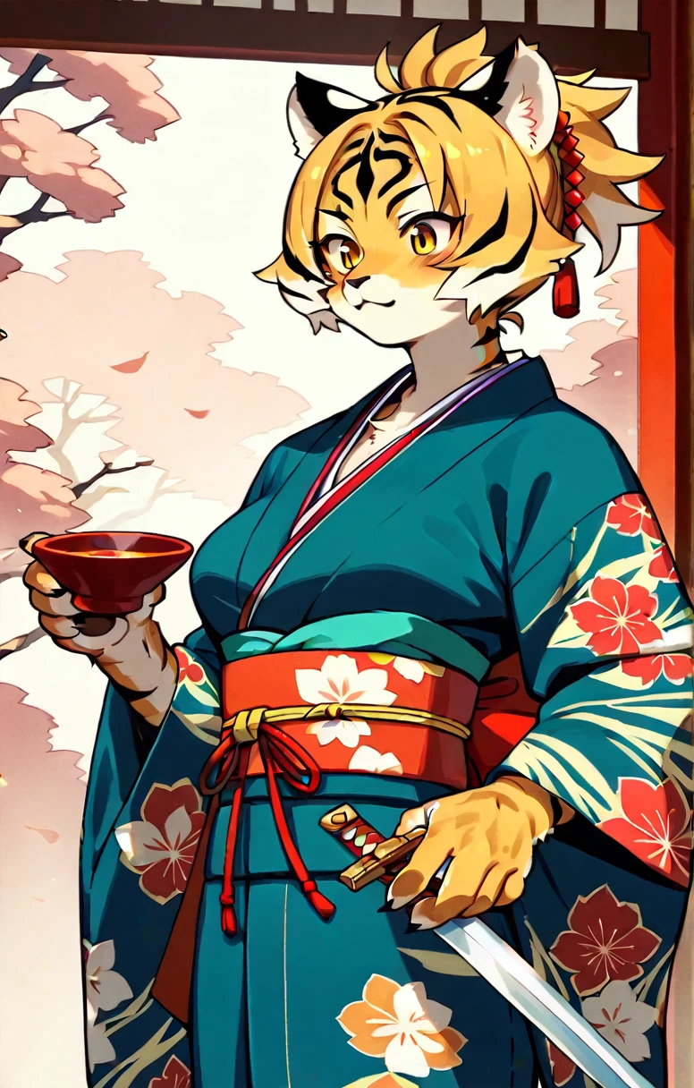 ((masterpiece,cute,Tiger Girl,kimono,A Cup,Fighter)),((Sword in right hand,The left hand is bare hand)),alone,kemono,Cat girl,Female furry,Background crop,humanoid cheetah,Fantasy,
