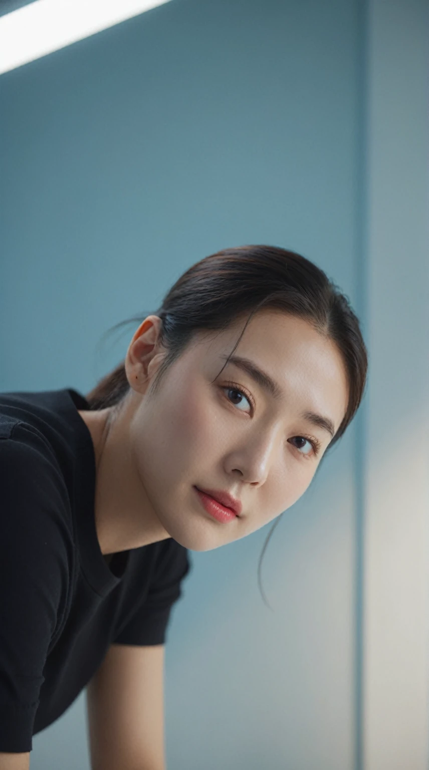 best quality, 8K, masterpiece, (portrait: 1.3), (Photo-real:1.4), (Surrealism:1.4), Be focused, Looking at the audience, (Smoother lighting:1.1), (Improve lighting quality:0.9), Realistic lighting, Backlight, There is light on the face, Ray Tracing, (Bright Lights:1.2), (Quality Improvement:1.4), Crisp details, (Highest quality authentic textured skin:1.4), finely detailed Eye, Black_Eye, Delicate face, 25-year-old Korean woman, (White Officer_shirt:1.4), (Create an image that preserves the original base model'Hairstyle:1.5)