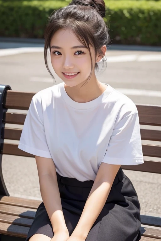 Produce the highest quality and highest resolution 8K images。Please draw the upper body of a 20 year old Japanese woman.。Please draw an image of someone sitting on a park bench looking up at the sky.。She has brown eyes and a model-like figure、She has an idol-level cute face.。Her hair is in a bun.。Clothes、Wearing a black short-sleeved shirt。The skin is、It is a natural skin color。she、Looking at you with a smile。