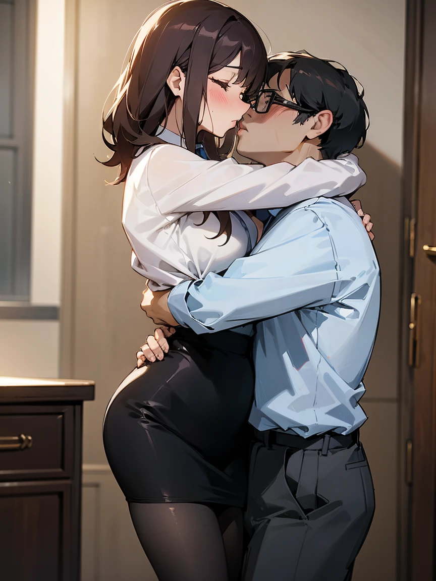 (Masterpiece, Best Quality, High Quality), professional artwork, well drawn, Intricate Details,(((a muscular boy and a girl looking at each other))),eye contact,Kousaka honoka, room, earring, nude, medium breasts, nipples, big thighs, facing each other, after kiss, curvy hip, blue eyes,breasts press ,hug