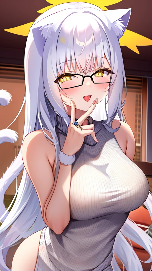 A 20-year-old female angel with long hair, white hair, yellow eyes, cat ears, cat tail, breasts, and white angel wings. A glowing yellow halo ring overhead. Wear round glasses (White halter turtleneck sweater, white purekiller sweater, sleeveless, sexy backless sweater, white dress) white arm warmers Open mouth, stick out tongue, hold up two fingers, bedroom