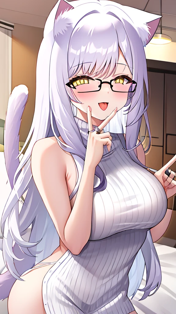 A 20-year-old female angel with long hair, white hair, yellow eyes, cat ears, cat tail, breasts, and white angel wings. A glowing yellow halo ring overhead. Wear round glasses (White halter turtleneck sweater, white purekiller sweater, sleeveless, sexy backless sweater, white dress) white arm warmers Open mouth, stick out tongue, hold up two fingers, bedroom