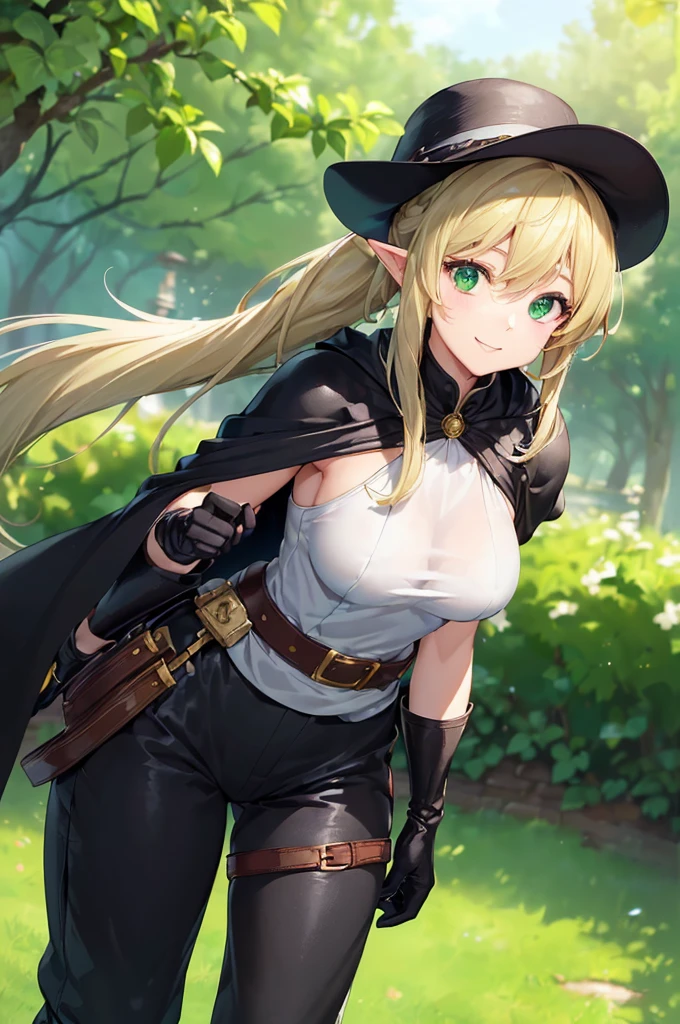 (((masterpiece; best quality: 1.2))), (finely detailed eyes: 1.3), (25 year old elf woman), (solo), (green eyes: 1.4), (body; buxom, fit, femenine: 1.3), (silky blonde hair in low ponytail: 1.3), (beautiful and clear background: 1.2), ((depth of field)), (equipment: adventurer attire + modest + wide-brimmed hat + long black tunic + black cape + black pants + gloves + belt + pouches: 1.3), (anime illustration: 1.2), (background composition; royal garden: 1.1), (extremely fine and beautiful: 1.1), (shot composition; standing + centered on torso + close-up: 1.5), (expression; calm, smile: 1.2)