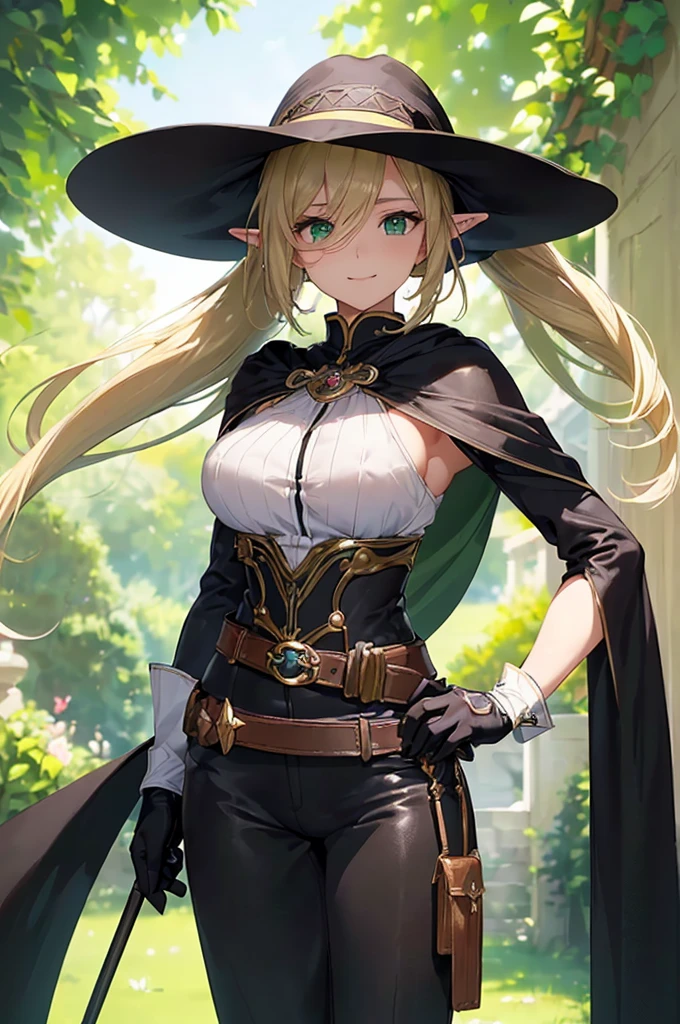 (((masterpiece; best quality: 1.2))), (finely detailed eyes: 1.3), (25 year old elf woman), (solo), (green eyes: 1.4), (body; buxom, fit, femenine: 1.3), (silky blonde hair in low ponytail: 1.3), (beautiful and clear background: 1.2), ((depth of field)), (equipment: adventurer attire + modest + wide-brimmed hat + long black tunic + black cape + black pants + gloves + belt + pouches: 1.3), (anime illustration: 1.2), (background composition; royal garden: 1.1), (extremely fine and beautiful: 1.1), (shot composition; standing + centered on torso + close-up: 1.5), (expression; calm, smile: 1.2)