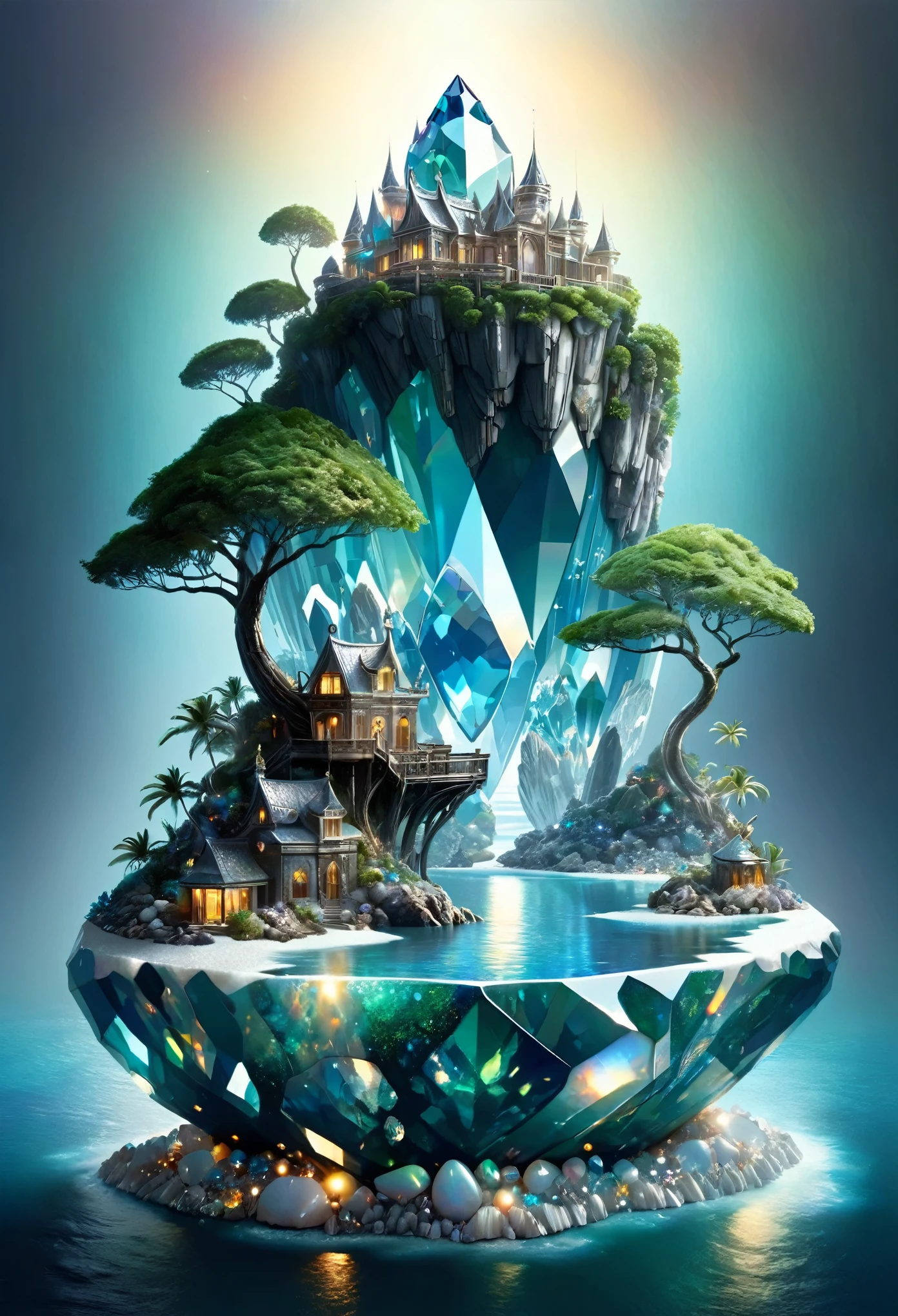 Mysterious island, fantasy, concept art,
A shiny island made of diamonds, opals and other minerals used to make jewellery,