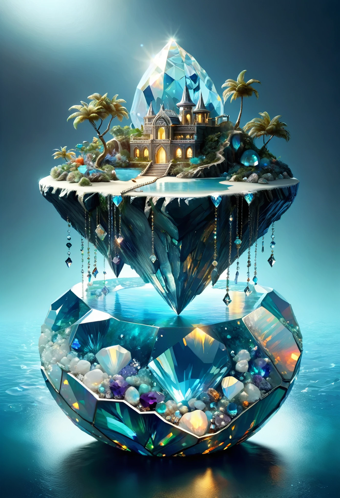 Mysterious island, fantasy, concept art,
A shiny island made of diamonds, opals and other minerals used to make jewellery,