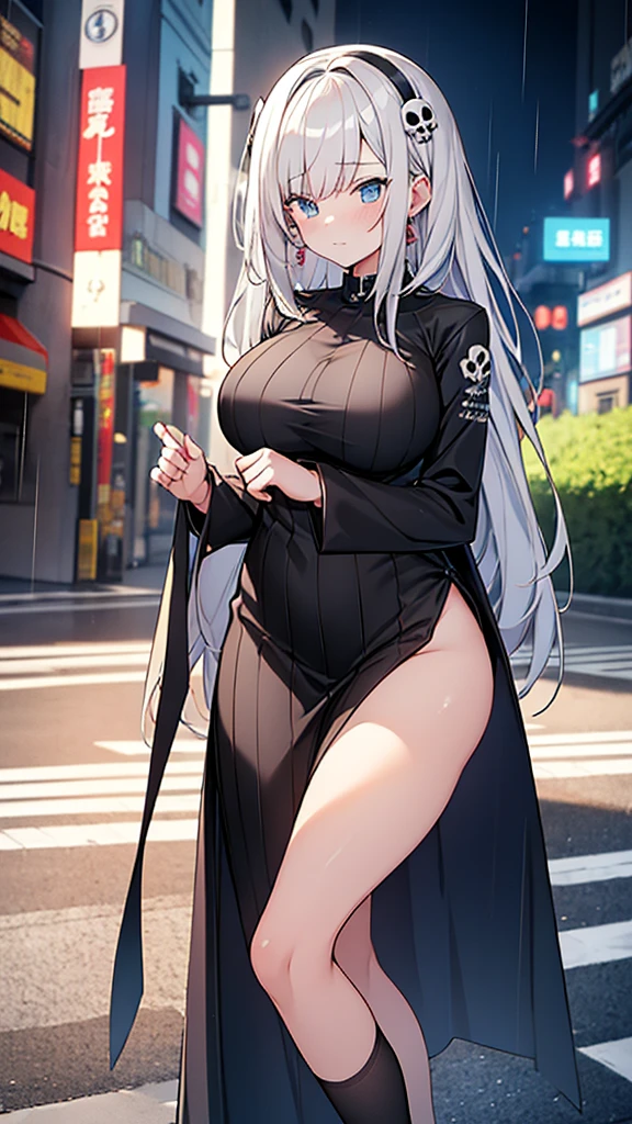 Full body image, フロント, One girl, 18-year-old, Mix 4, (32k, RAW Photos, Highest quality, masterpiece:1.2), (Anime-like, photoAnime-like:1.37), cute, ミニスカートのドレス, night, rain, Humidity, Professional Lighting, Photon Mapping, Radio City, Physically Based Rendering, Super Resolution, (Big Breasts:1.2), {{The biological weapon that had preyed on the younger sister took her place and reunited with the older brother.}}, Girl Skull, whole body, NSFW