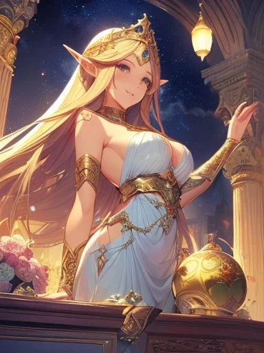 top-quality、Top image quality、​masterpiece、Super beautiful elf beauty((24 year old、Best Bust、big bast、Bust 90,beautiful long ironed hair、a blond、globe、A sexy、A slender、a closeup、Esbian、beautiful tiara、hiquality、Beautiful Art、Background with((starrysky)))masutepiece、visualart、depth of fields、low angle of morning sky、、Elven ears、、light magic、Space Knight、harp melody🎵、Happy smile、Gentle light、、Beautiful legs that are gentle on the skin、、、Number of fingers to achieve precise finger movements、ticker beautiful decorative underwear、elegent、Mystical　Pink、　Heaven、Marble pillars, beautiful dressy、magnificent marble dome、giant globe、religious painting、Hug the earth、Temple of Time、Great watch、hour glass、sundial、moment of creation！myth、alphonse mucha art、art noveau、byzantine art、golden mosaic decoration、The Woods Decoration、the woods、gold foil、、Raphael paintings