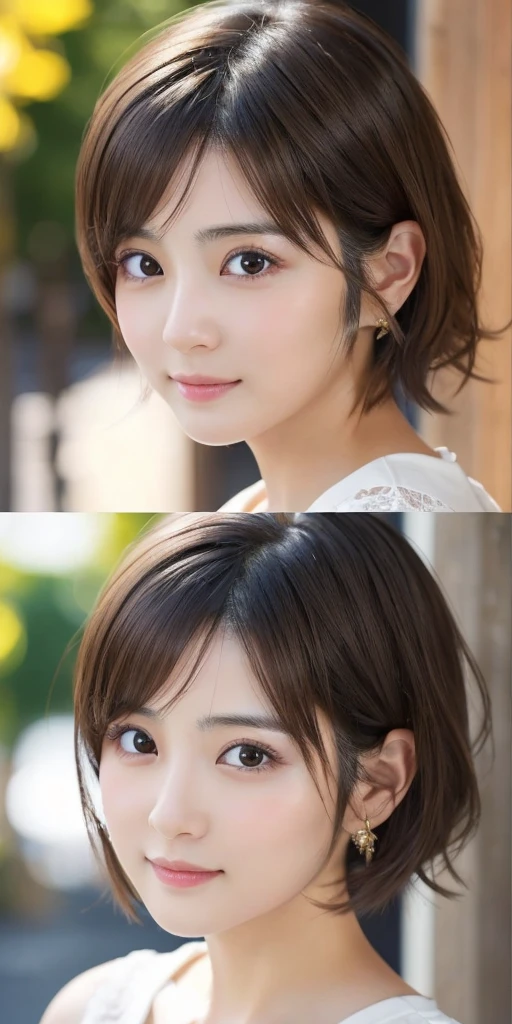 ( masterpiece, Highest quality), 8k,A beautiful Japanese woman,,30 years old, Small face,(Beautiful and cute face:2.1),smile, 、High resolution、Tabletop、wallpaper、Realistic、Bright lighting、Professional Lighting、Face Light、Smooth lighting、Japanese women、Adult、Beautiful woman、action、gravure、sexy、poor、so beautiful、Beautiful Skin、Beautiful and detailed、Detailed face、slim、moderately、short hair、Brunette Hair、Brown eyes、Looking at the camera、