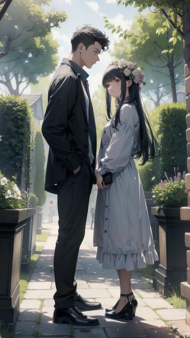(Highest quality, 8k, masterpiece:1.3)), Attention to detail, High resolution, masterpiece, Great quality, 2 people, men and women standing, Full Height, girl and man walking in a Beautiful garden, Attention to detail of faces, Drawing eyes, Drawing Shadows, Draw lips,men and women , Romantic atmosphere, Mysterious garden with blooming flowers, beautiful flower, Beautiful garden , Casual Style, Girl in casual clothes, Man in casual clothes