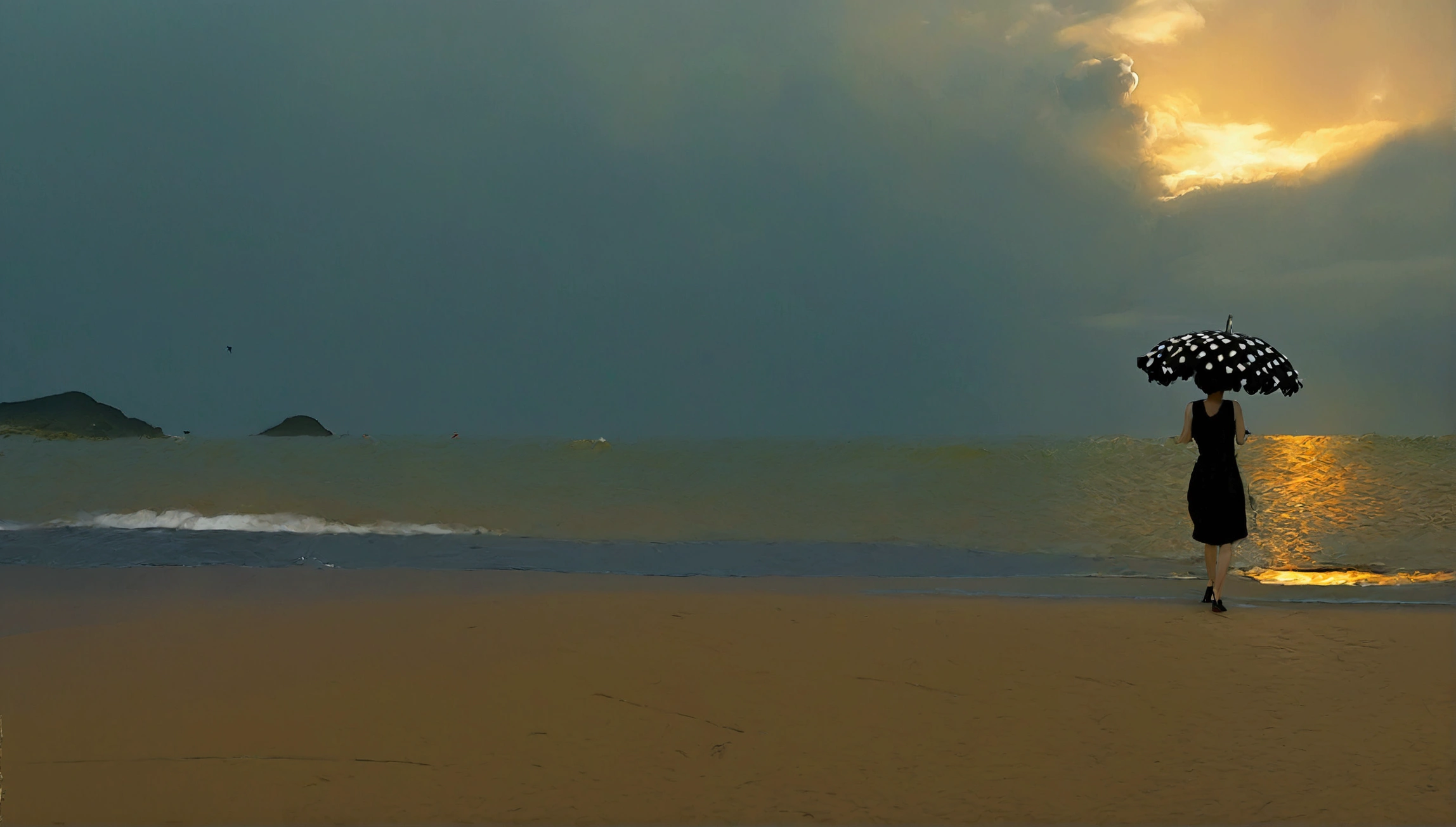 8k, Vivid picture quality, Vivid picture quality, long deserted beach, walking slowly from afar, short medium hair, beautiful appearance, Model-like body, sunset의 붉은 빛, sunset, alone, afternoon, depressed, waves are coming, rain, black umbrella, ocean, birds, wind, Short and slim Korean woman, tower, White shorts