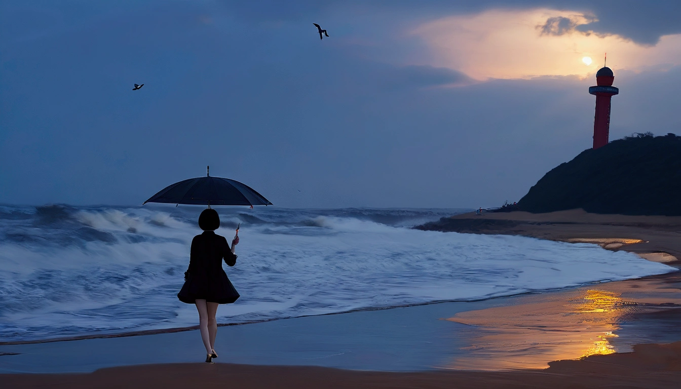 8k, Vivid picture quality, Vivid picture quality, long deserted beach, walking slowly from afar, short medium hair, beautiful appearance, Model-like body, sunset의 붉은 빛, sunset, alone, afternoon, depressed, waves are coming, rain, black umbrella, ocean, birds, wind, Short and slim Korean woman, tower, White shorts 