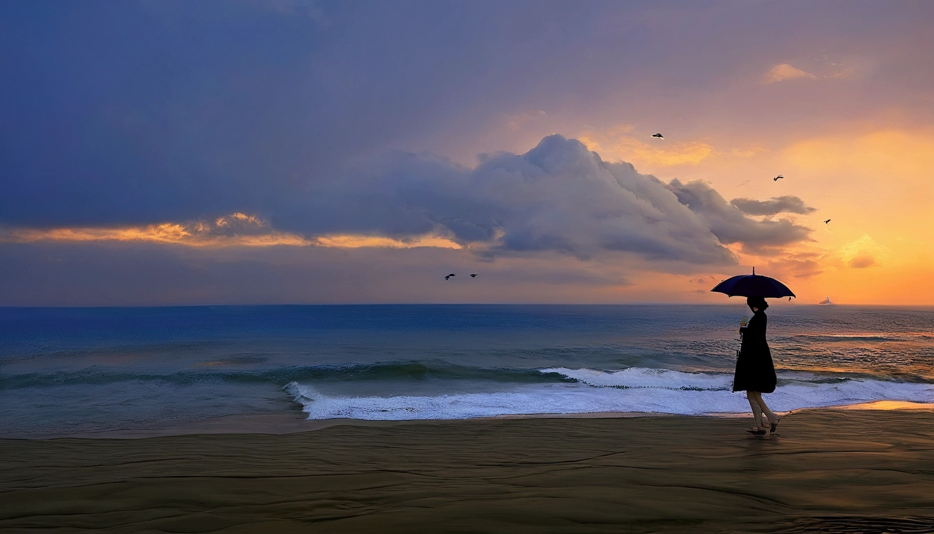 8k, Vivid picture quality, Vivid picture quality, long deserted beach, walking slowly from afar, short medium hair, beautiful appearance, Model-like body, sunset의 붉은 빛, sunset, alone, afternoon, depressed, waves are coming, rain, black umbrella, ocean, birds, wind, Short and slim Korean woman, tower, White shorts