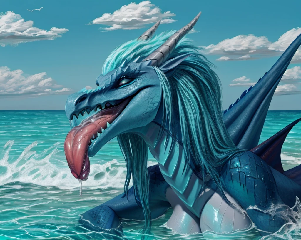 an extremely talented impressionist painting of mature AurothDOTA wyvern lying on beach, lying on side, cyan water, clear water, see-through water, tropic island background, ocean, wet, masterpiece, best quality, ultra-high-detailed, feral, female, anthro, detailed scales, slim body, athletic, curvy, light blue mane, uploaded on e621, nsfw, questionable content, scalie, wings, tail, wyvern, solo, open mouth, sharp teeth, saliva dripping, saliva string in mouth, penis lying on tongue, small male big female, big penis, licking penis, (((penis on tongue))), human male, deepthroat, drowning in semen, excessive cum in mouth, swallowing cum, throat bulge, cum overflow