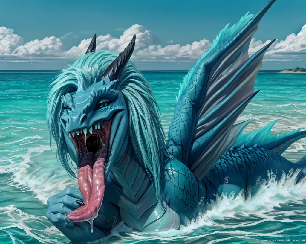 an extremely talented impressionist painting of mature AurothDOTA wyvern lying on beach, lying on side, cyan water, clear water, see-through water, tropic island background, ocean, wet, masterpiece, best quality, ultra-high-detailed, feral, female, anthro, detailed scales, slim body, athletic, curvy, light blue mane, uploaded on e621, nsfw, questionable content, scalie, wings, tail, wyvern, solo, open mouth, sharp teeth, saliva dripping, saliva string in mouth, penis lying on tongue, small male big female, big penis, licking penis, (((penis on tongue))), human male, deepthroat, drowning in semen, excessive cum in mouth, swallowing cum, throat bulge, cum overflow