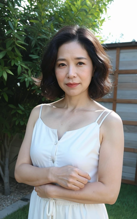 ((best quality, 8K, masterpiece: 1.3)), Reality, Clear focus, high quality, HD, portrait, Solitary, Japan, Middle-aged women nude, beauty, 43 years old, full, curls, Wrinkles at the corners of the eyes:0.5, Narrow backyard, Lots of boxes, Lots of files, Dark background