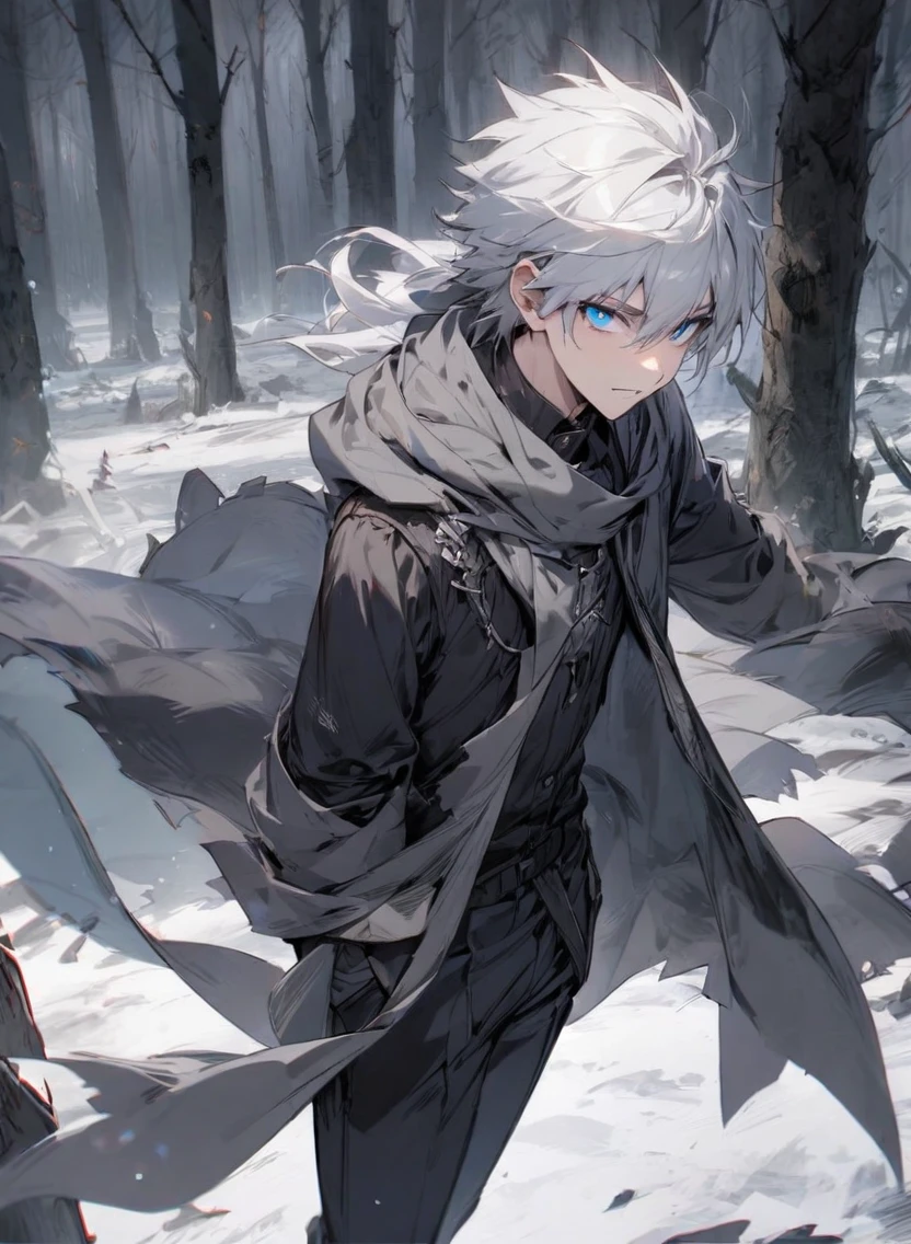 young man ,Male Dark, dark Woods, cold gray colors, man white hair with blue eye, Warlock dnd , Skeleton army in background