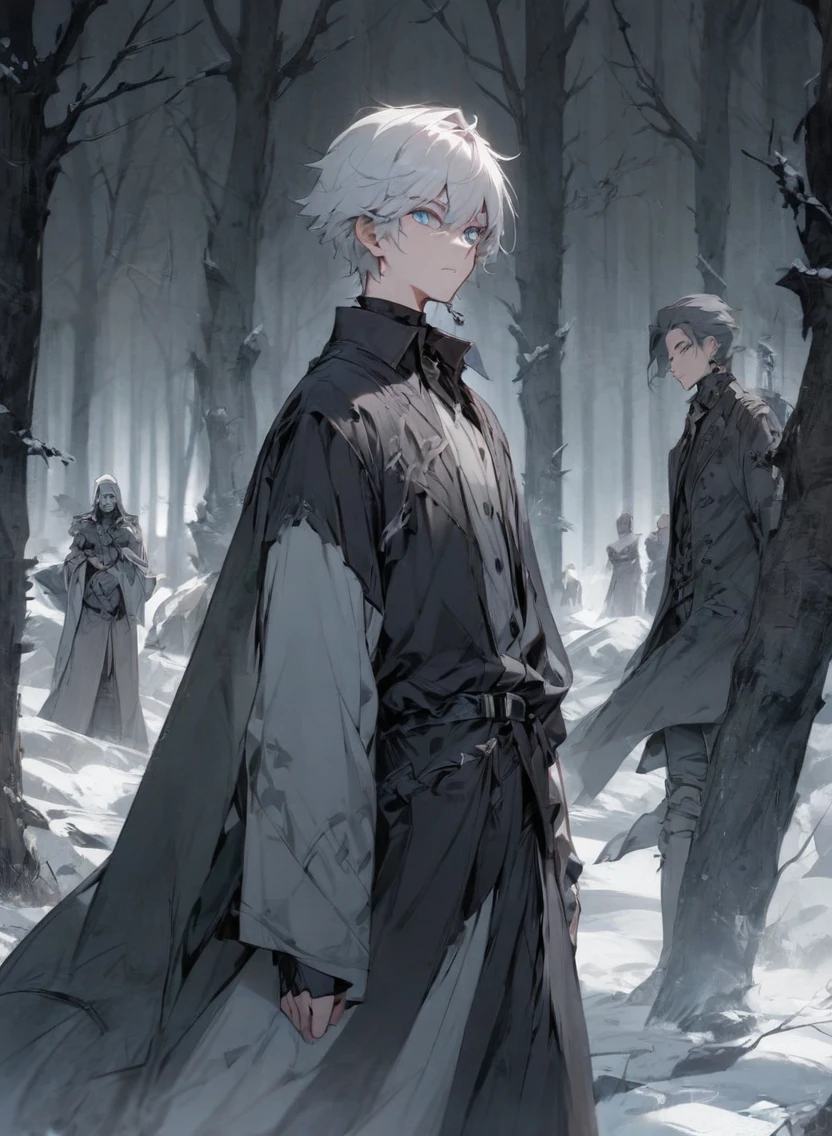 young man ,Male Dark, dark Woods, cold gray colors, man white hair with blue eye, Warlock dnd , Skeleton army in background