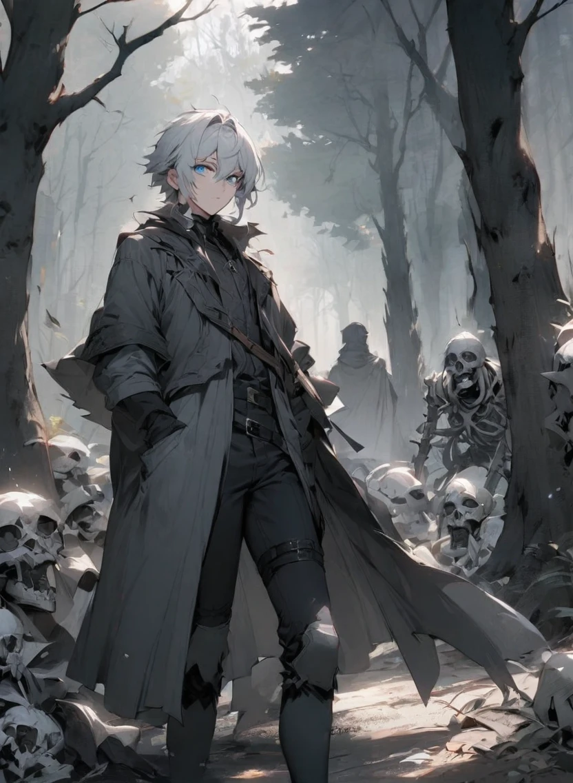 young man ,Male Dark, dark Woods, cold gray colors, man white hair with blue eye, Warlock dnd , Skeleton army in background