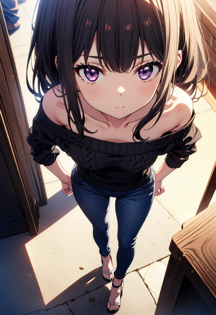Takiuchikami, Long Hair, bangs, Black Hair, (Purple eyes:1.2),Baseball hats,Blue one-shoulder sweater,Skinny jeans,Stiletto heels,Place one hand on hip,Are standing,whole bodyがイラストに入るように,Daytime,
break outdoors, Building district,
break looking at viewer, whole body,
break (masterpiece:1.2), Highest quality, High resolution, unity 8k wallpaper, (figure:0.8), (Beautiful attention to detail:1.6), Highly detailed face, Perfect lighting, Highly detailed CG, (Perfect hands, Perfect Anatomy),