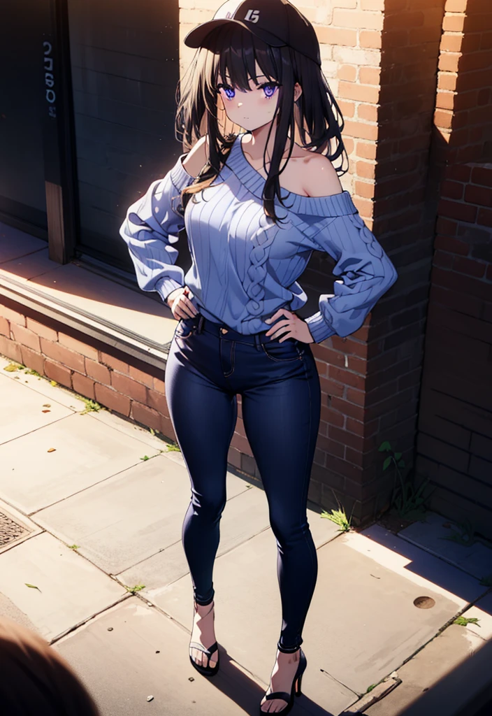 Takiuchikami, Long Hair, bangs, Black Hair, (Purple eyes:1.2),Baseball hats,Blue one-shoulder sweater,Skinny jeans,Stiletto heels,Place one hand on hip,Are standing,whole bodyがイラストに入るように,Daytime,
break outdoors, Building district,
break looking at viewer, whole body,
break (masterpiece:1.2), Highest quality, High resolution, unity 8k wallpaper, (figure:0.8), (Beautiful attention to detail:1.6), Highly detailed face, Perfect lighting, Highly detailed CG, (Perfect hands, Perfect Anatomy),
