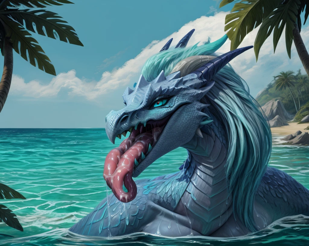 an extremely talented impressionist painting of mature AurothDOTA wyvern lying on beach, lying on side, cyan water, clear water, see-through water, tropic island background, ocean, wet, masterpiece, best quality, ultra-high-detailed, feral, female, anthro, detailed scales, slim body, athletic, curvy, light blue mane, uploaded on e621, nsfw, questionable content, scalie, wings, tail, wyvern, solo, open mouth, sharp teeth, saliva dripping, saliva string in mouth, penis lying on tongue, small male big female, big penis, licking penis, (((penis on tongue))), human male, deepthroat, drowning in semen, excessive cum in mouth, swallowing cum, throat bulge, cum overflow