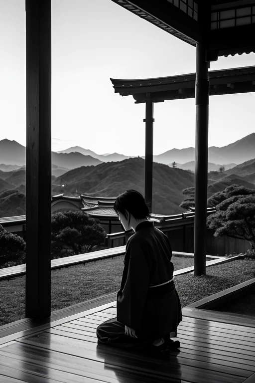 "Generate an image of Sakamoto Ryoma kneeling on the ground in a wide open landscape at dawn, covering his face with his hands in sorrow. The scene is set in a backdrop reminiscent of late Edo-period Japan, with the first light of dawn illuminating the horizon. Ryoma is depicted with his distinctive features: his long, neatly tied-back black hair in a traditional chonmage style, wearing a dignified kimono adorned with a subtle yet elegant pattern, paired with hakama and haori. His posture reflects deep sadness, with his face hidden in his hands.
In this composition, Ryoma is situated in a serene setting such as an open field or a hilltop overlooking a vast plain, with a backdrop of traditional Japanese architecture or natural scenery under the gentle glow of dawn. The setting should evoke a peaceful yet poignant ambiance, emphasizing the introspective nature of this historical figure.
Please create two versions of the image: one in subdued colors to capture the tranquil sadness of the scene, and another in monochrome to enhance the emotional depth. Ensure that Ryoma's posture, expression, and the tranquil dawn landscape effectively convey his contemplative sorrow and his profound impact on Japan's history."