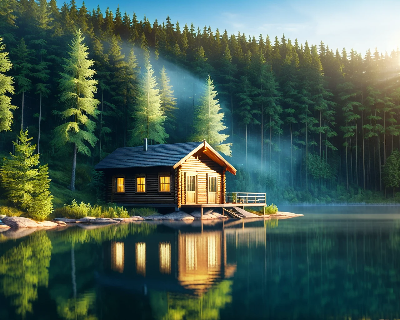 photorealistic lake with a european forest landscape, medium wooden cabin, sunrising with sunrays, photo, cinematic material, wideview, widescreen, high detailed, high quality