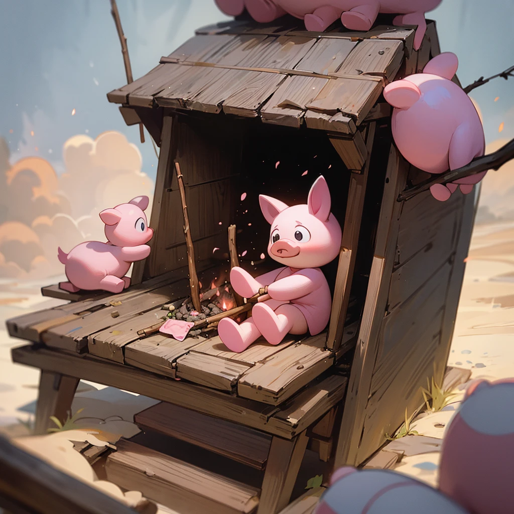 The pink piglet is sitting next to a three-wood fire and roasting shit with a stick